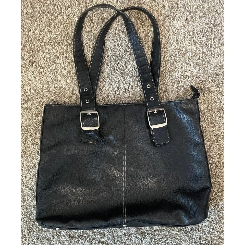 SOLO Black Leather Double Strap Computer Laptop Bag - Large with Red Interiors